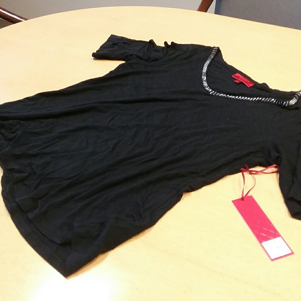 Black Peek a Boo Sleeves with Rhinestone Neckline